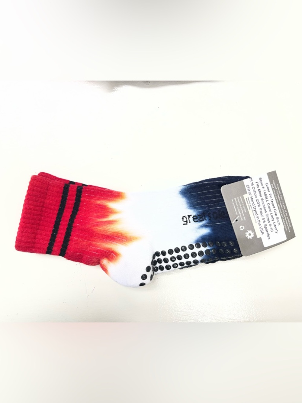 Great Soles Grip Sock, womens crew Tie-Dye - Red, Navy & White, US 6-10